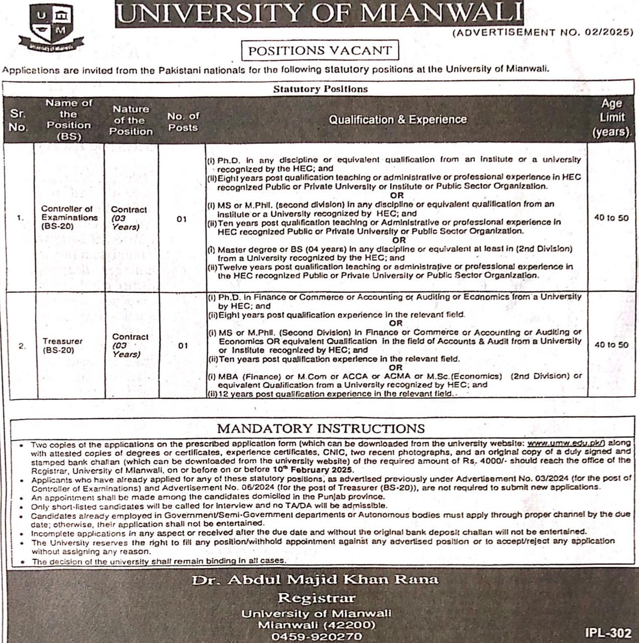 1. Controller of Examinations 2. Treasurer 